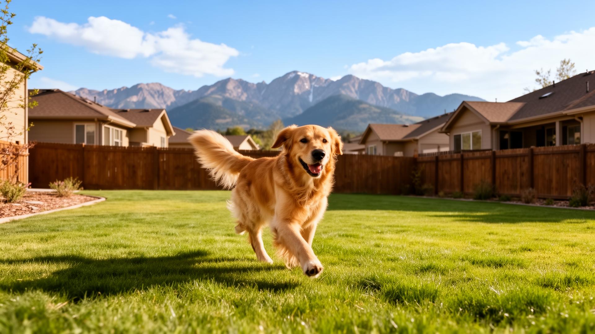 Happy dog in a clean Colorado backyard with mountains in the background